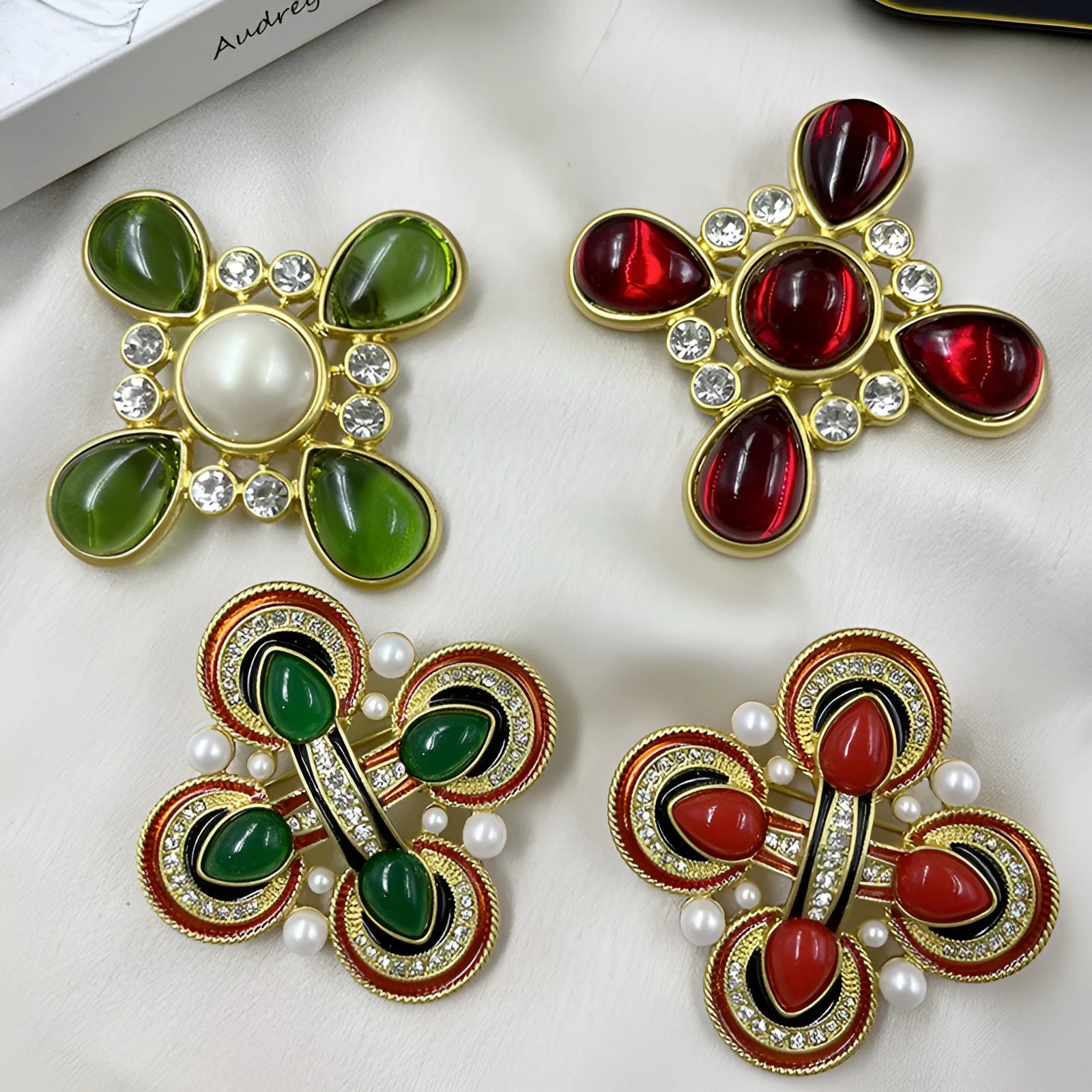 Vintage medieval baroque cross brooch with crystal accents in zinc alloy