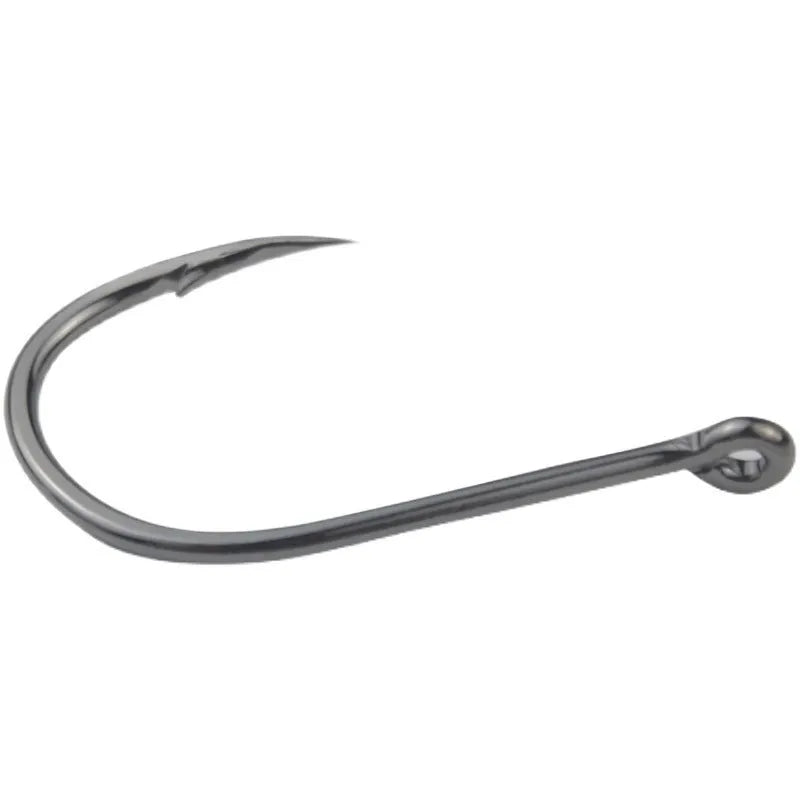 Bulk pack of barbed fishing hooks with crooked mouth and hole ring in alloy carbon steel.