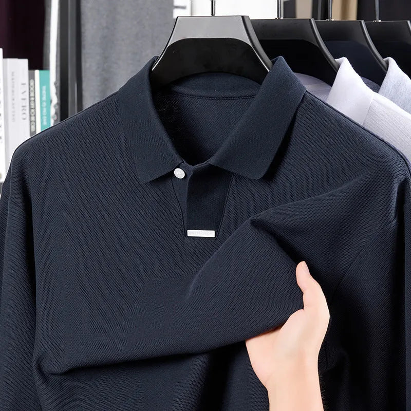 Men's asymmetric lapel polo shirt in cotton fabric with loose fit long sleeves