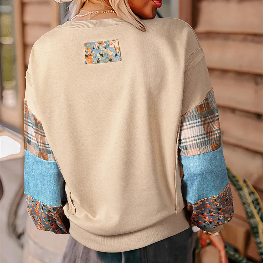 Women's loose plaid top with long sleeves in apricot colour showing Japanese-Korean casual styling