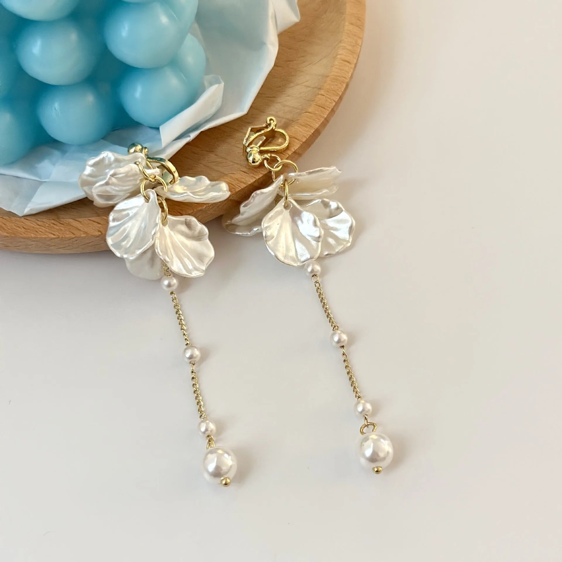 Women's acrylic shell pearl tassel earrings with choice of ear clip types
