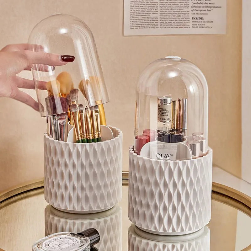 White rotating acrylic makeup brush storage box with transparent lid and split compartments