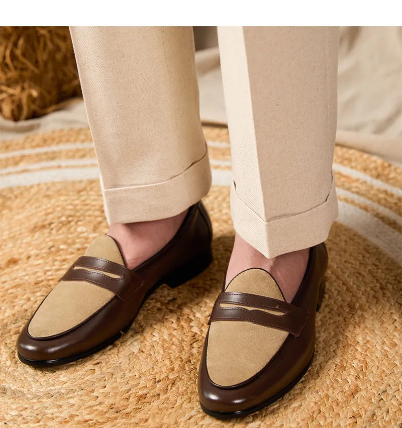 Coffee grey Belgian loafers with high-gloss suede leather uppers and rubber soles