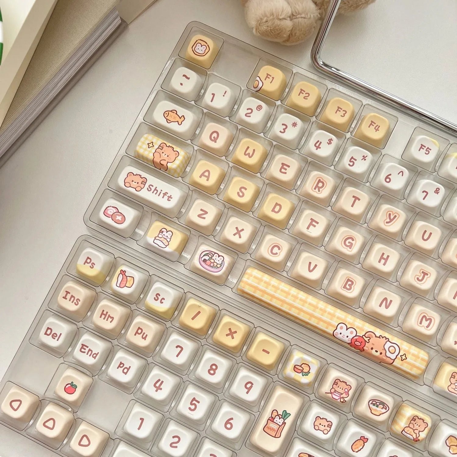 Set of 140 Rabbit Bear Restaurant themed PBT plastic keycaps with EOA height profile for mechanical keyboards.
