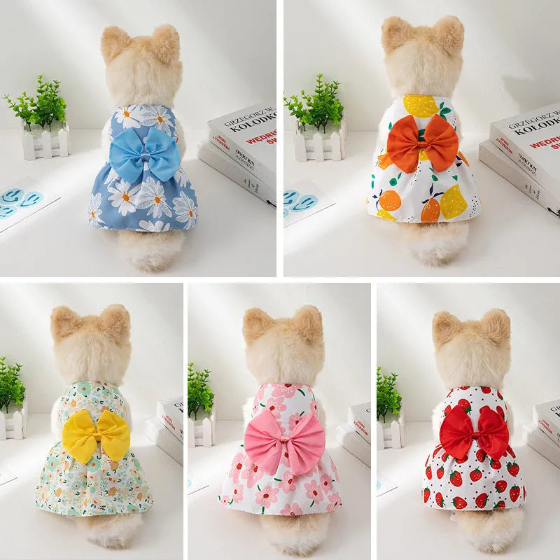 Ultra-thin summer pet dress with floral butterfly knot bow on dog model