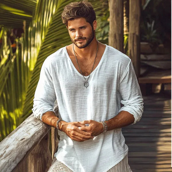 Beige long-sleeved T-shirt with V-neck collar and slim fit design