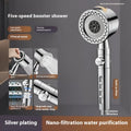 Silver portable shower head with multiple spray function settings on a chrome-plated plastic body.
