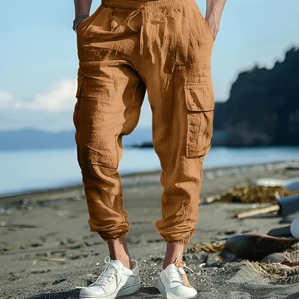 Men's ankle-tied linen casual trousers with multi-pocket tether in loose fit
