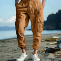 Men's ankle-tied linen casual trousers with multi-pocket tether in loose fit
