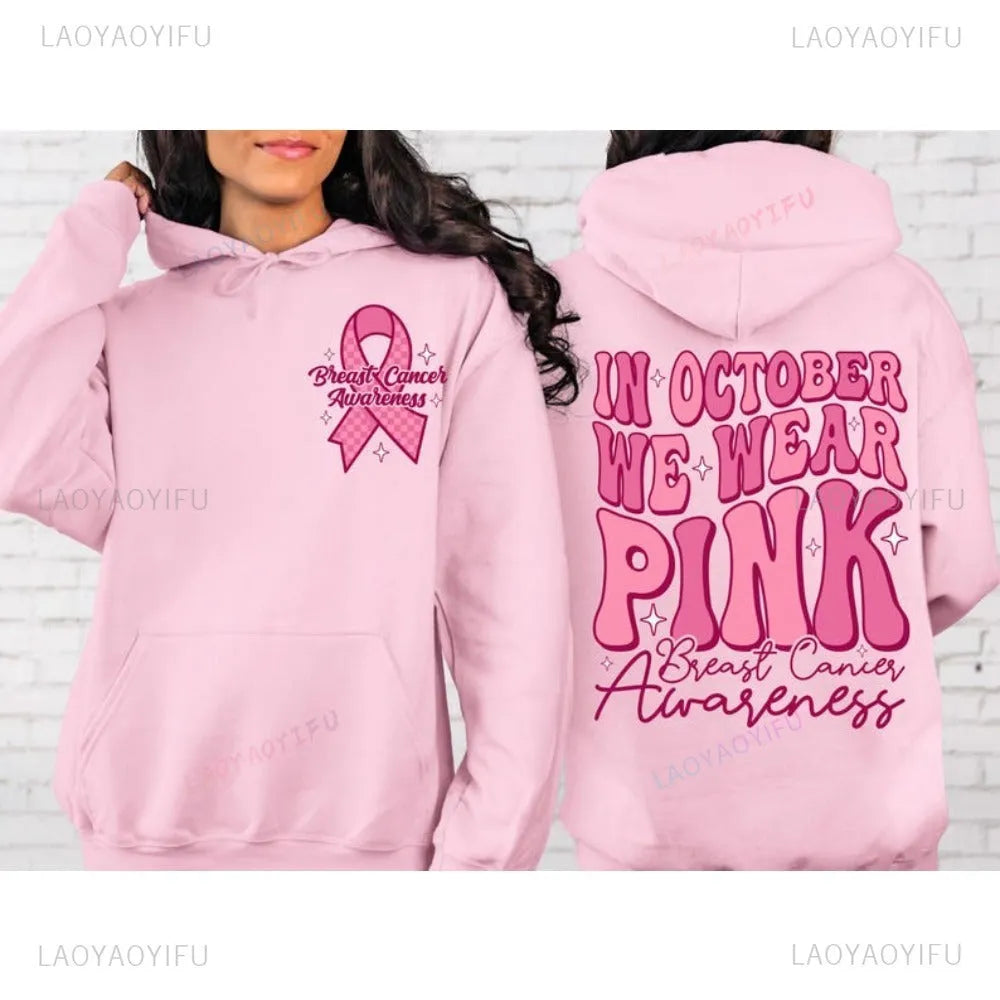 Women's pink Breast Cancer Awareness hoodie with retro art design and side pockets