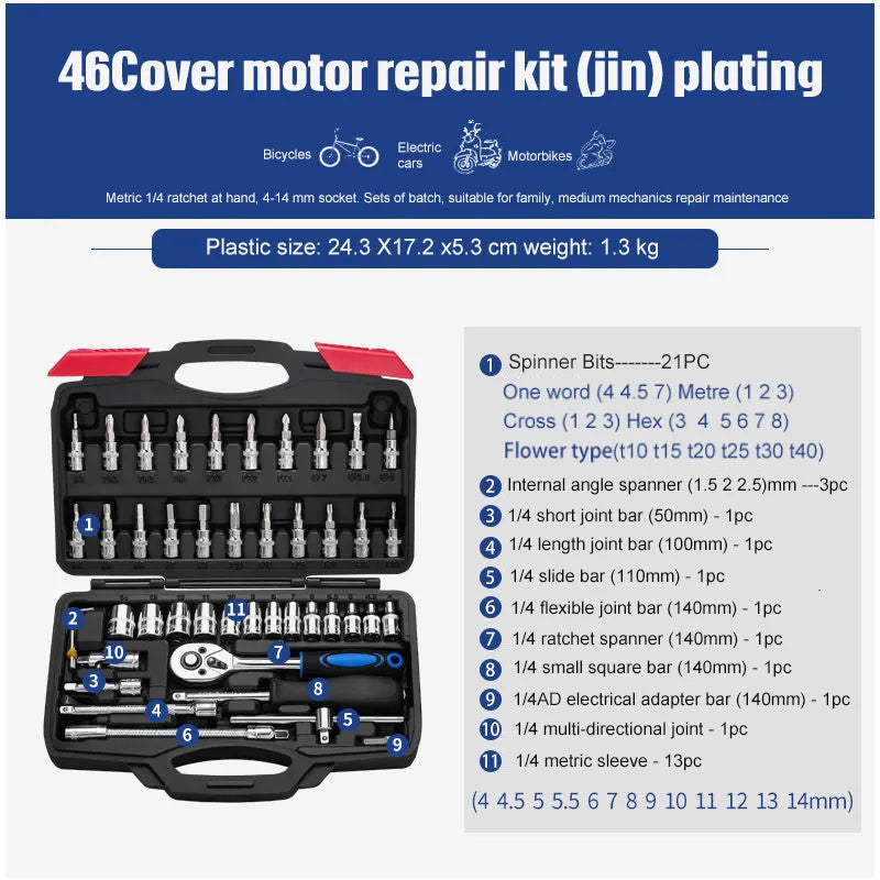 Chromium vanadium steel socket ratchet wrench set for home and auto repair work