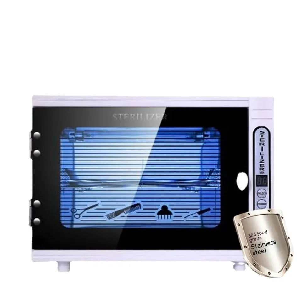 Small silver ultraviolet sterilizer with stainless steel interior for salon tool disinfection