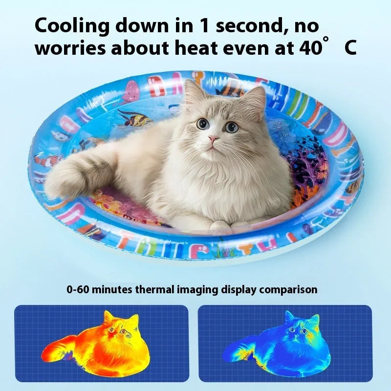 PVC inflatable water bed cooling mat for dogs and cats on a floor, showing dolphin design.