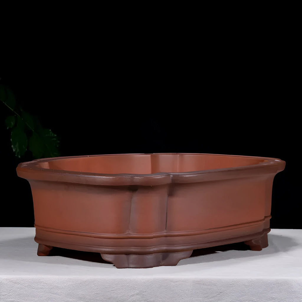Large antique-coloured Chinese style purple clay flower pot showing dimensions.