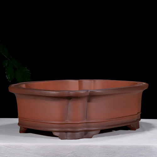 Large antique-coloured Chinese style purple clay flower pot showing dimensions.