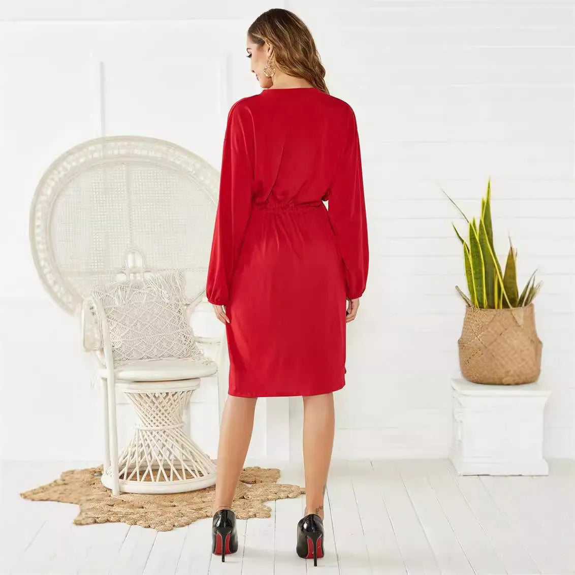 Elastic waist short dress with long sleeves and belt in solid black or red polyester A-line style