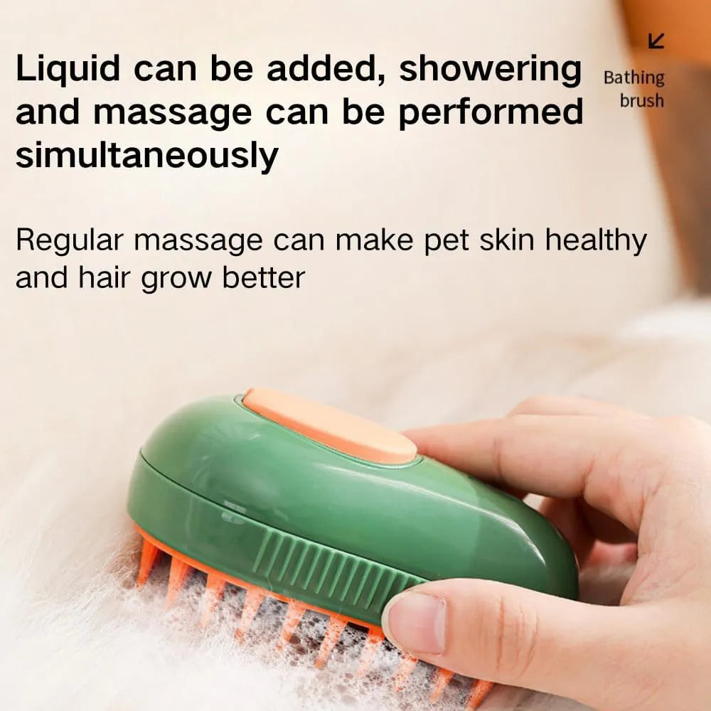Green and white cat steam brush with silicone bristles and water spray function for pet grooming