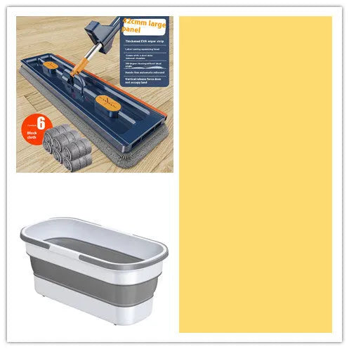 Large flat mop with long stainless steel handle and blue cleaning cloth on a hard floor.