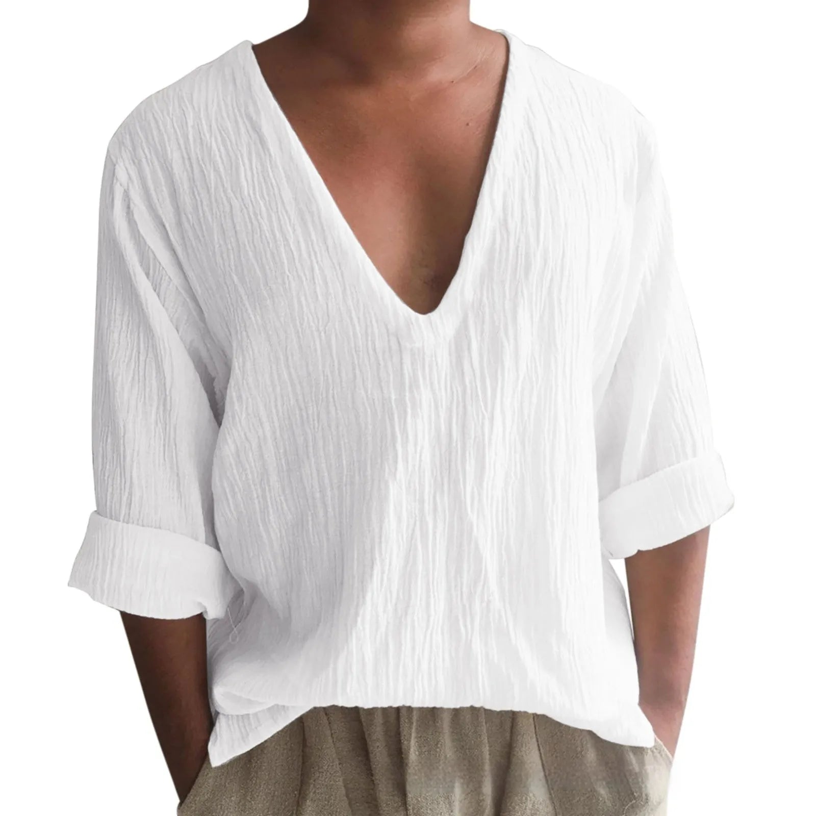 Men's washed cotton long sleeve V-neck t-shirt in solid colours on a hanger.