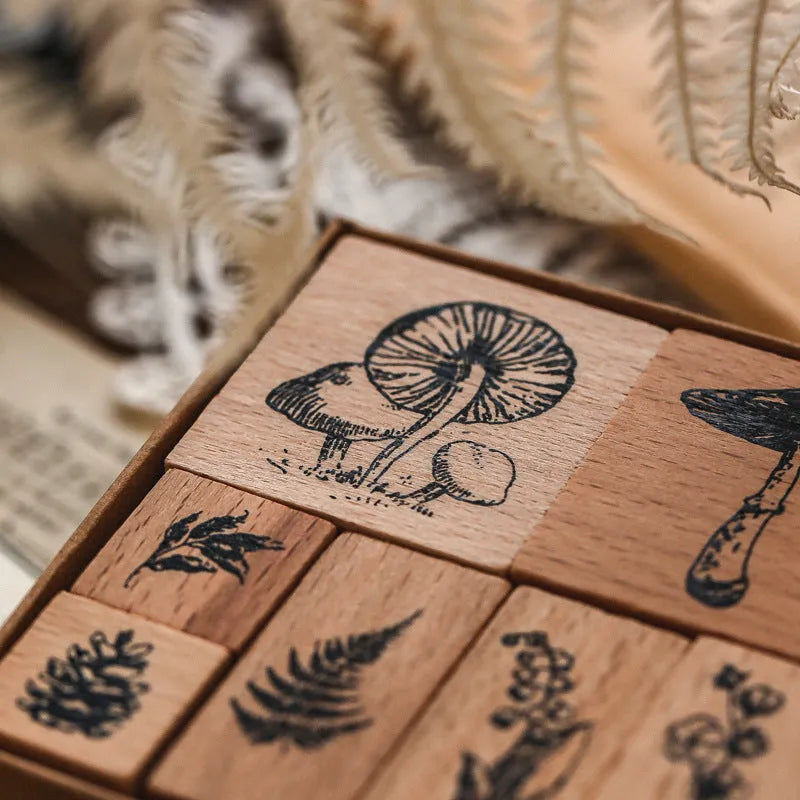 Mr Paper wooden seal suit with seven vintage handmade stamps for decorative journaling