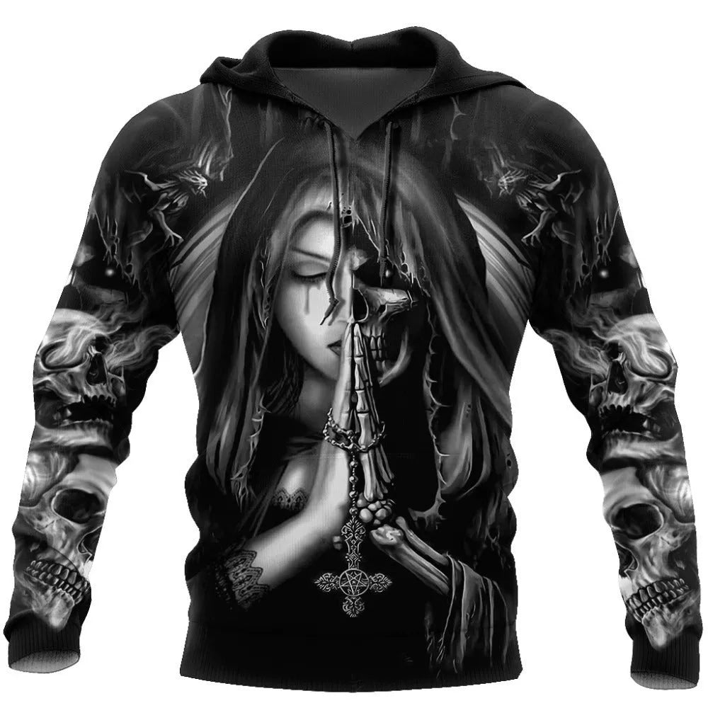 Halloween hooded sweatshirt with 3D anime skull print in black and colourful graphic patterns
