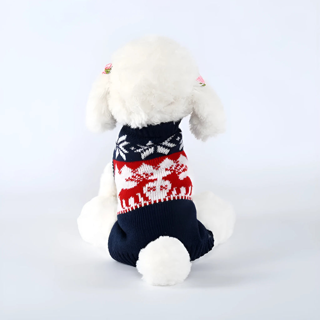 Navy blue knitted Christmas sweater for dogs on various sized pets