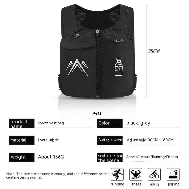 Black breathable mesh running vest with phone compartment and optional hydration flask for outdoor sports