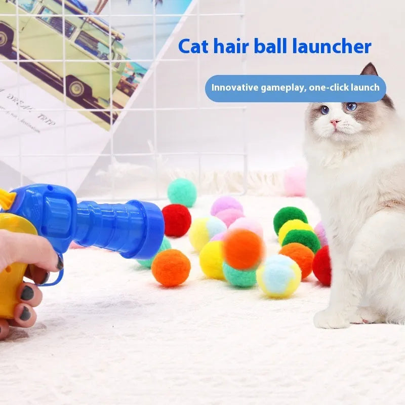 Interactive pet toy gun with plush balls for dogs and cats, showing launcher with 30cm barrel and multiple soft balls