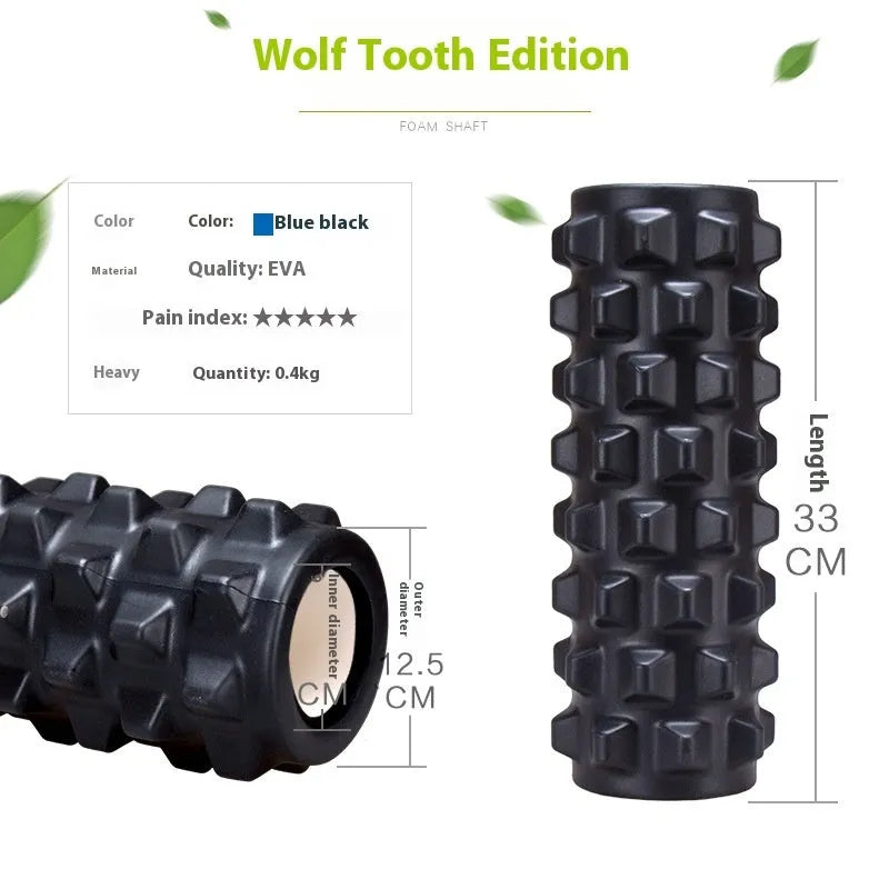 Black foam massage roller stick with six textured sections measuring 33cm long