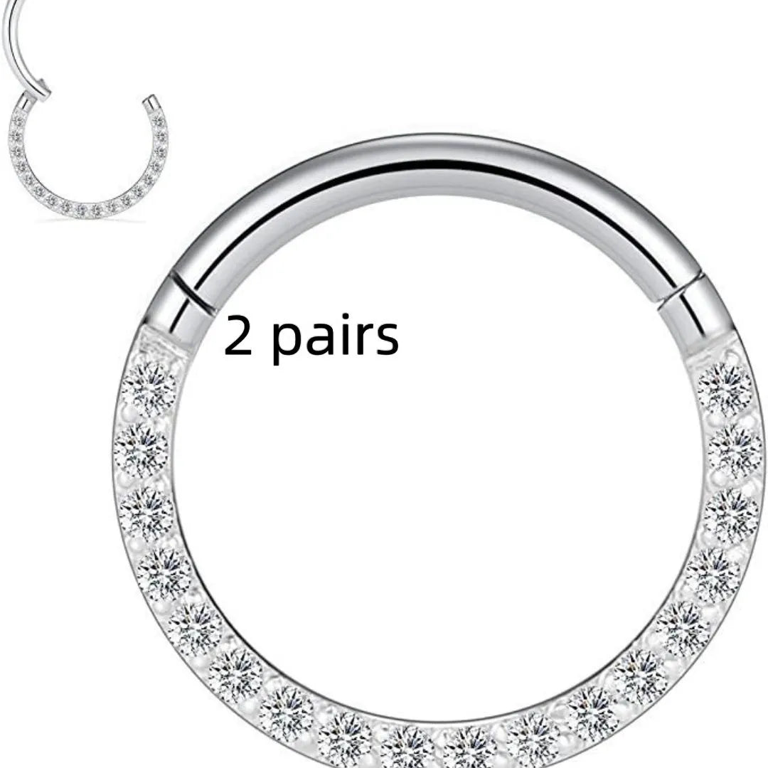 Stainless steel seamless nose ring with diamond detail showing multiple colour finishes and size options