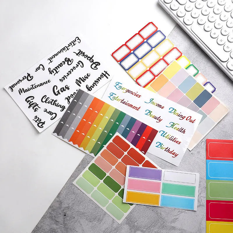 Handwritten label adhesive sticker collection showing multiple grid formats and colour options