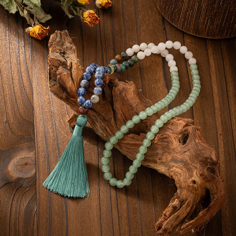 Vintage bohemian long beaded necklace and bracelet set in geometric ball chain design.