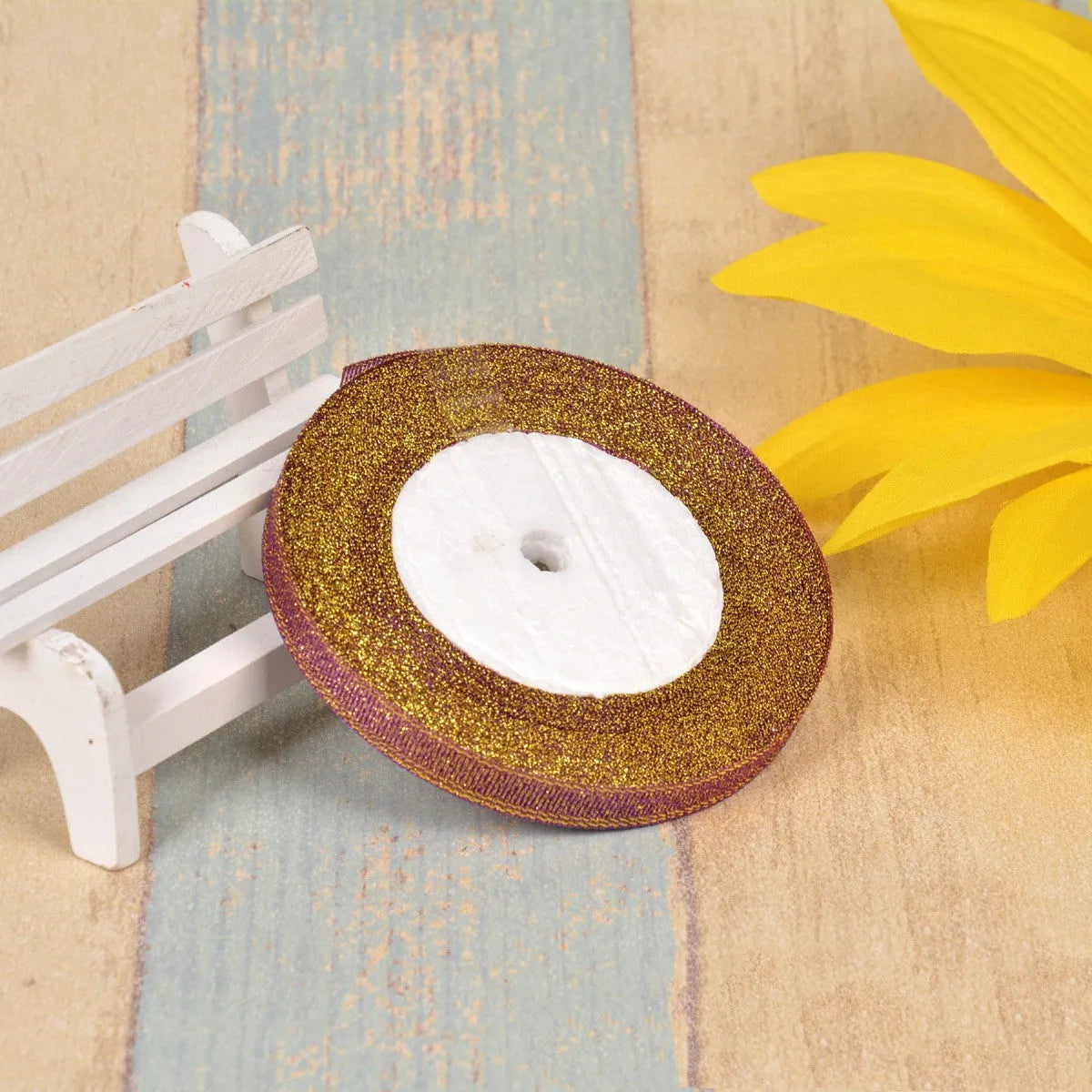 Colourful green onion pattern polyester ribbon with gold wire detailing, 1cm wide.