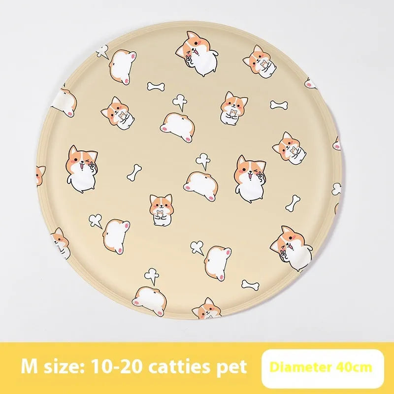 Round pet cooling mat with colourful cartoon design for dogs, showing gel filling and cloth cover