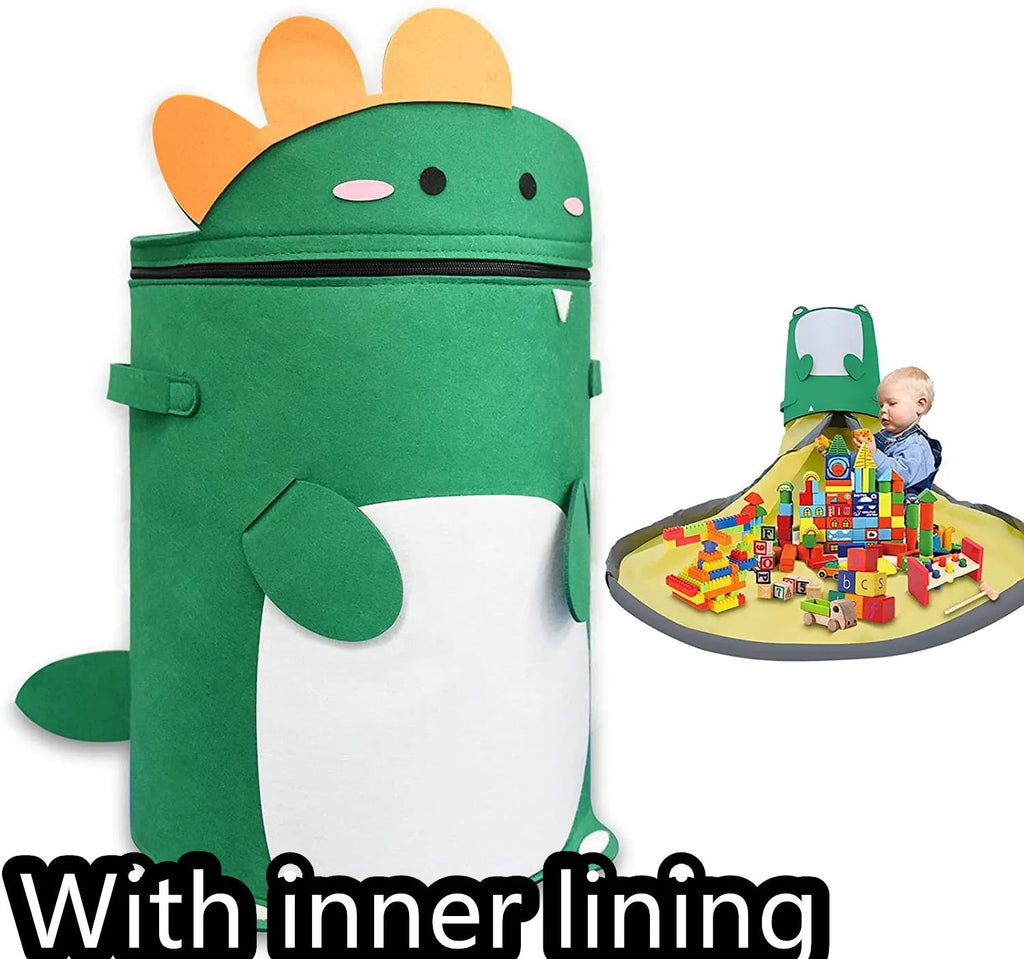 Green felt cube storage bag with pull rope shown as both toy container and play mat