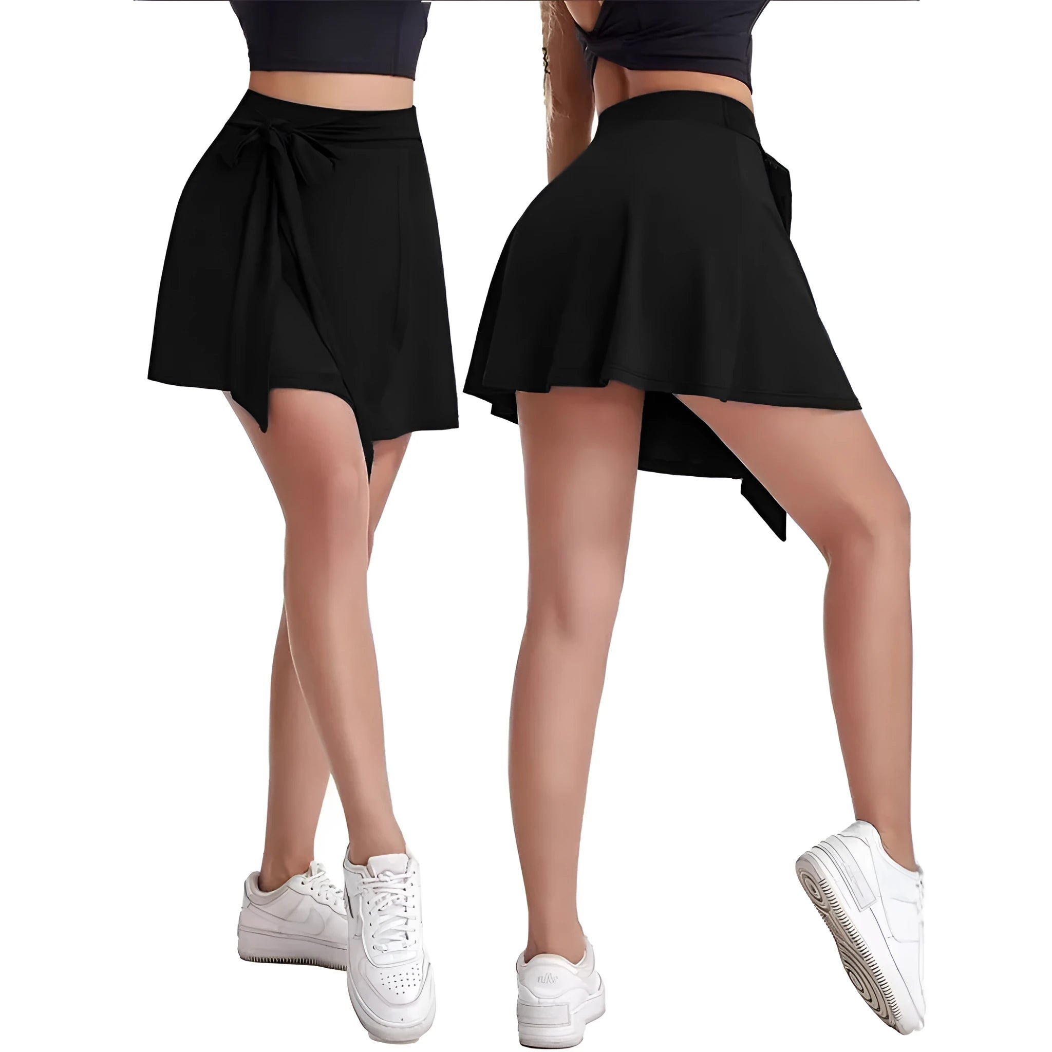 Black unisex thigh-length sports skirt with strap details and built-in shorts on a mannequin.