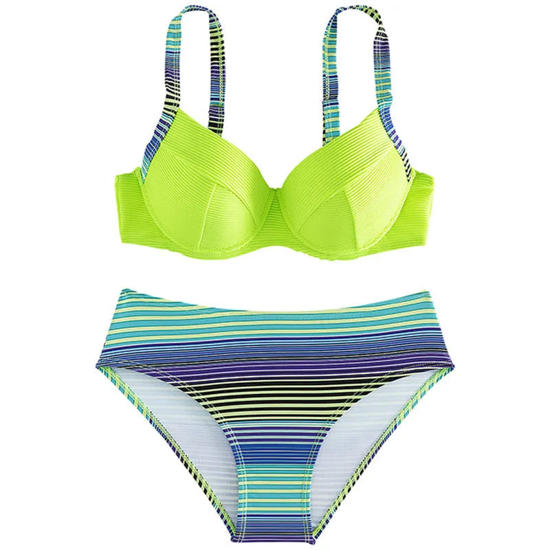 Green women's halter bikini set with printed briefs in polyester fabric