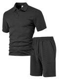 Men's thin figured cloth short sleeve casual suit in navy blue, showing Polo shirt top and trousers