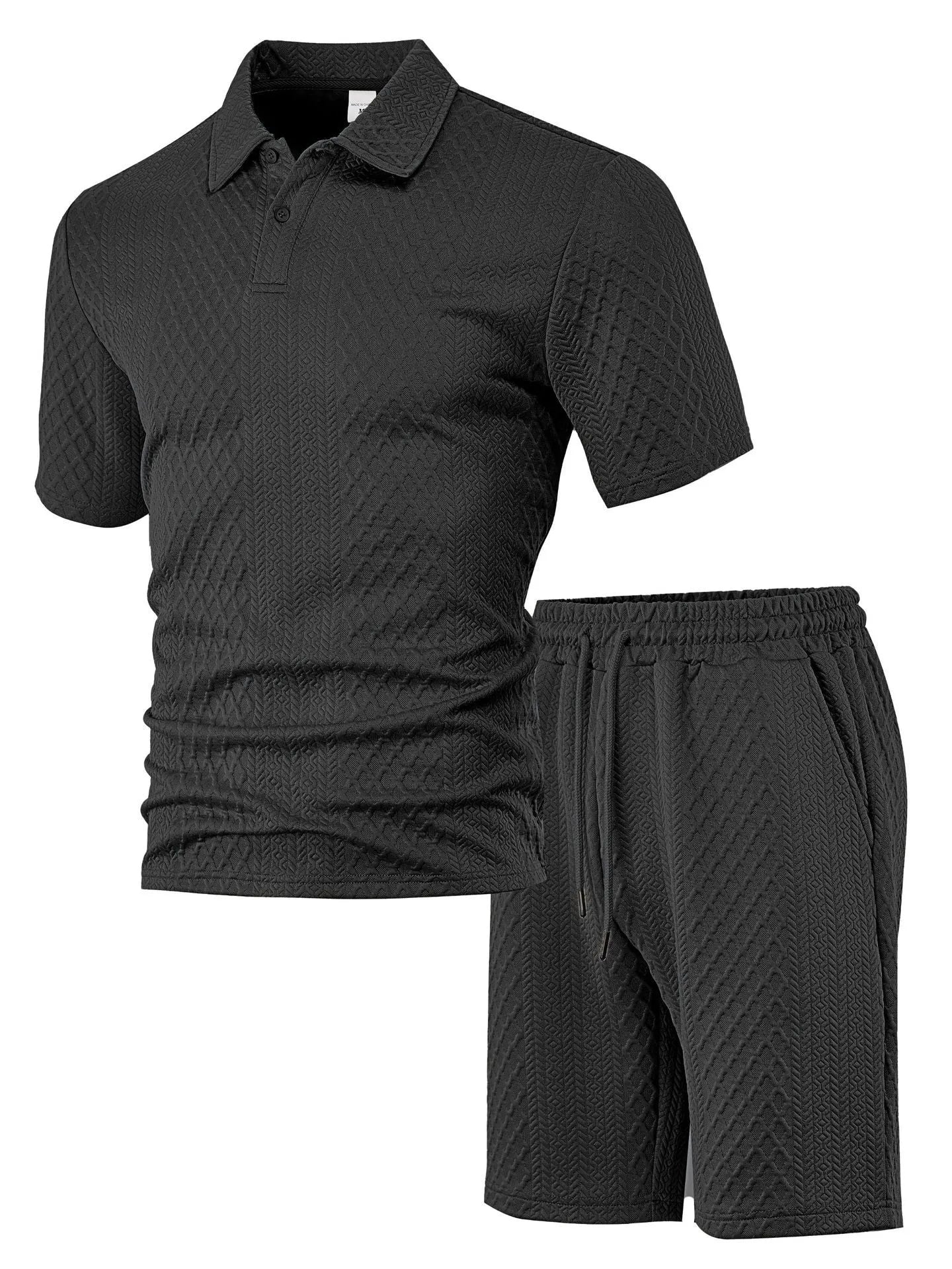 Men's thin figured cloth short sleeve casual suit in navy blue, showing Polo shirt top and trousers
