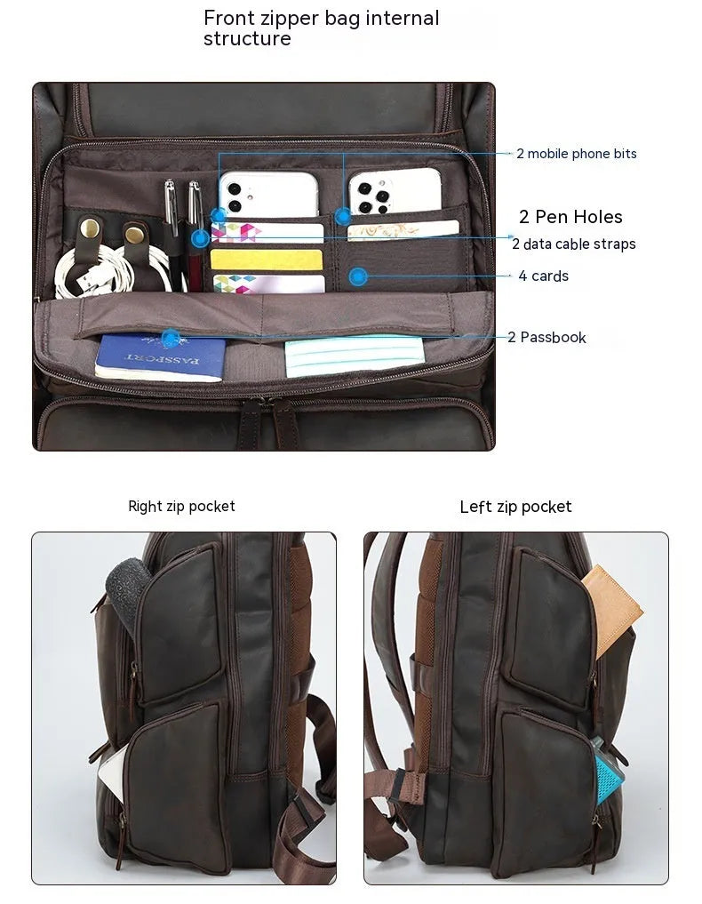 Dark brown leather backpack with 17-inch computer compartment and organisational pockets