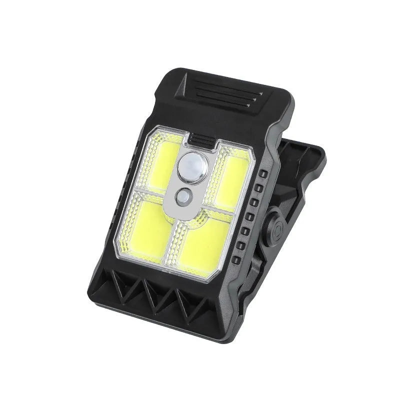 White ABS plastic clip lamp with motion sensor and LED light, shown with dimensions.