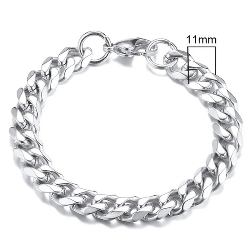 Six-sided geometric Cuban link metal bracelet in gold colour, shown in various widths.