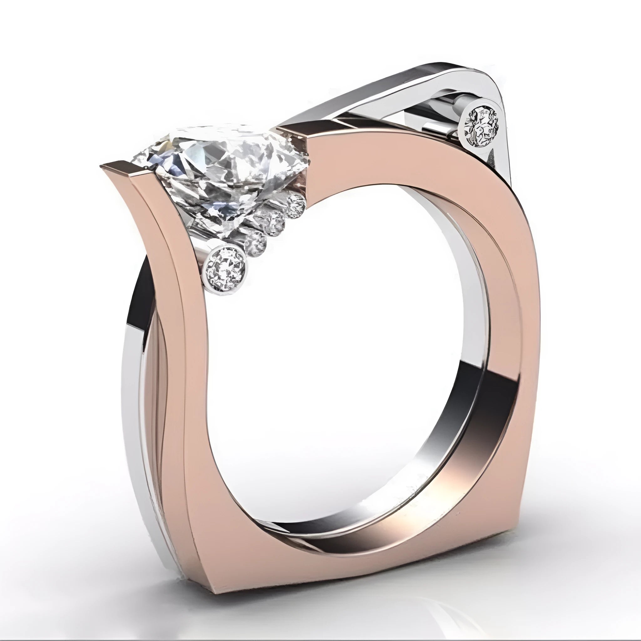 Rose gold couple rings with geometric patterns and zircon stone details on alloy bands