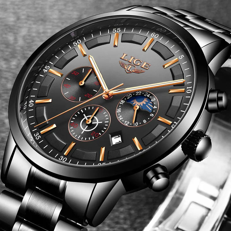 Men's waterproof quartz sports business watch in black colour options with 12mm thickness