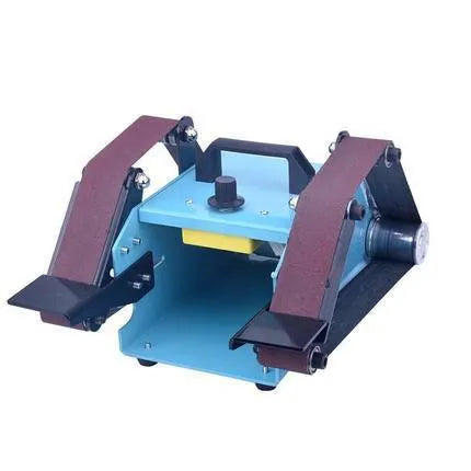 Blue desktop dual-axis belt sander with variable speed control for knife sharpening and polishing