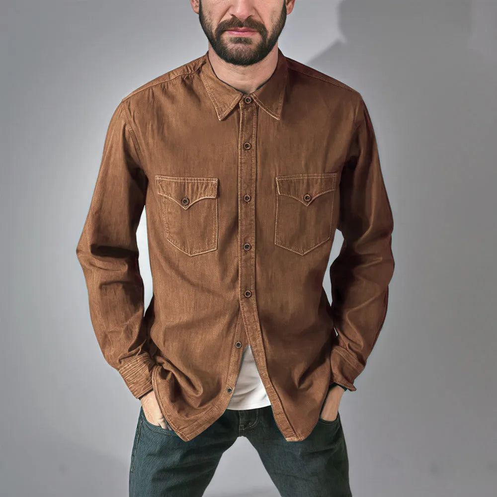 A cotton denim cardigan coat on a hanger, shown in a regular fit.