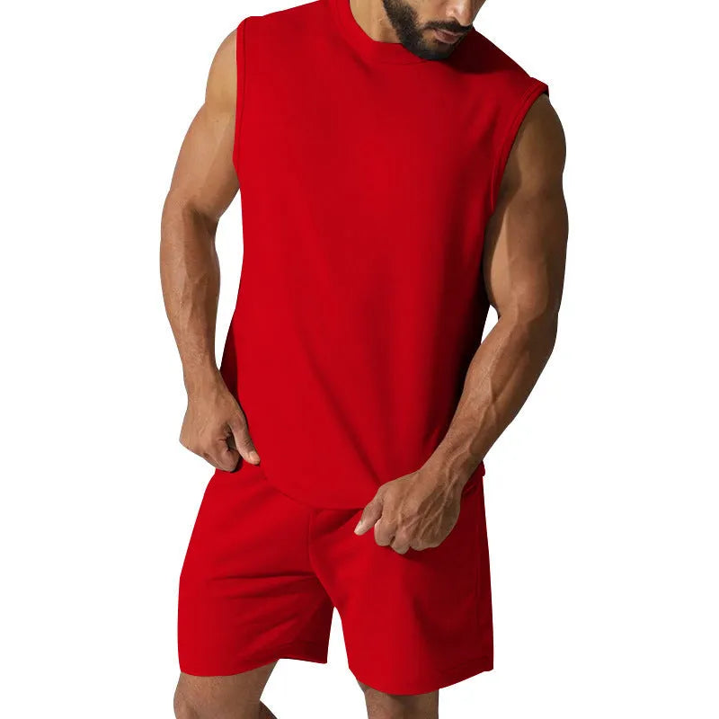 Men's sleeveless cotton blend sports top and matching shorts in a solid colour