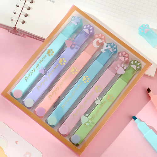 Cat's Paw fluorescent marking pen set showing six pens with oblique heads in different colours, packaged in a box.