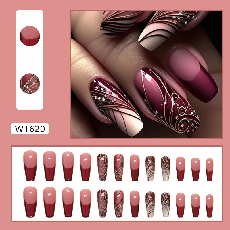 French line pattern fake nails with glue on white background