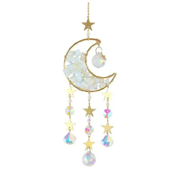 K9 crystal moon pendant on a metal chain for car interior decoration.